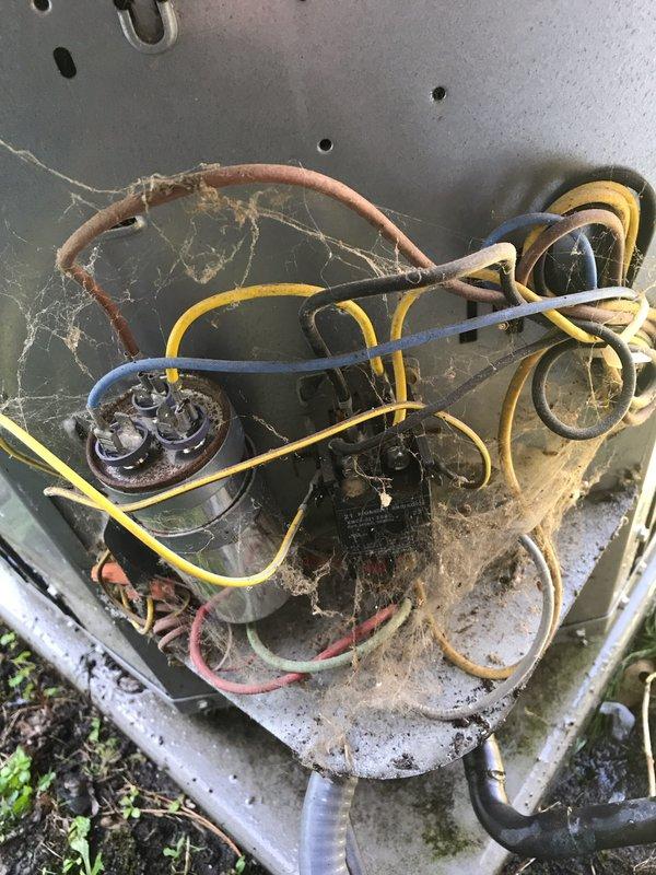 # AC No Cool - Loud Noise Complaint

Responded to service call for air conditioning unit making loud noise. Upon arrival, performed visual inspection of outdoor condensing unit which revealed system is 10+ years old with significant neglect and environmental exposure. Unit showed heavy accumulation of dirt, dust, debris, and spider webs throughout electrical compartment and internal components.

Inspected electrical connections and found multiple wires with signs of weathering and age-related deterioration. Capacitor showed visible corrosion and surface rust, indicating potential electrical component failure. Contactor assembly exhibited dirt buildup and environmental contamination. All wiring connections were checked for tightness and integrity.

Unit is located at ground level on weathered concrete pad with vegetation growth encroaching on equipment. Concrete pad showed moss and algae growth, indicating drainage issues and prolonged moisture exposure affecting equipment longevity.

B