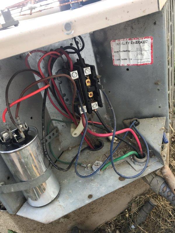 # HVAC Service Completion Summary

Responded to no cooling complaint on 10+ year old outdoor condensing unit. Upon arrival, performed comprehensive diagnostic evaluation of system between 2-6pm. Visual inspection revealed severely deteriorated condenser unit with extensive rust and corrosion on fan guard assembly and exterior casing. Examined electrical components including capacitor and contactor mounted on unit exterior. 

Conducted electrical testing and system analysis to identify root cause of cooling failure. Verified capacitor values, tested contactor operation, and checked all electrical connections. Multiple colored wiring connections showed signs of environmental exposure but maintained secure terminations. Component testing confirmed system operational status after diagnostic procedures.

Applied reality check inspection label to document testing completion and verification dates. Unit exhibited significant weathering consistent with age and outdoor exposure, including rust 