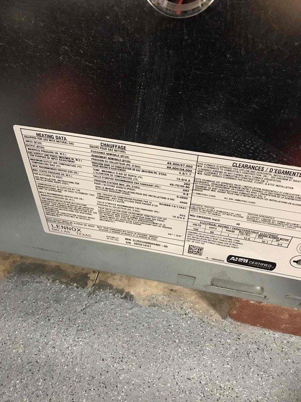 Responded to no cooling call on residential HVAC system with recently installed Lennox furnace. Upon arrival, performed diagnostic inspection of the air conditioning system and heating equipment. Documented equipment specifications and model information from manufacturer data plate for service records.
