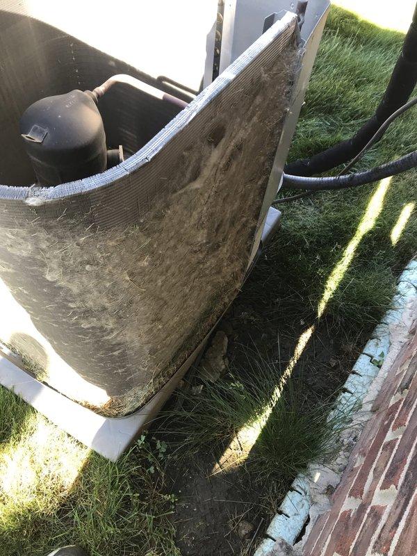 Responded to callback for reported water leak from furnace with rusty water. Upon inspection, found outdoor condensing unit with significant debris accumulation in compressor containment pan and heavy exterior dirt buildup on equipment surfaces. Documented extensive organic debris including leaves and decomposed plant matter collected around compressor base and throughout drain pan, which can obstruct proper condensate drainage and cause overflow conditions. Photographed refrigerant lines, accumulator, and PVC condensate drain lines to verify system configuration and identify potential drainage issues contributing to reported water concerns.