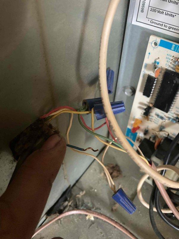 # AC Repair - No Cool Condition

Responded to service call for air conditioning system blowing warm air. Upon arrival, performed diagnostic testing using digital multimeter to check electrical components and verify proper voltage and capacitance readings. Identified faulty component within the control circuit affecting system operation.

Accessed electrical control panel and performed necessary wiring repairs, utilizing proper wire connectors to ensure secure connections. Replaced defective component with red, yellow, and blue wire leads, ensuring all connections met manufacturer specifications and electrical code requirements. Verified all wire terminations were tight and properly secured within the control panel enclosure.

Completed electrical testing to confirm proper system operation and restored cooling function. System operating normally upon departure.