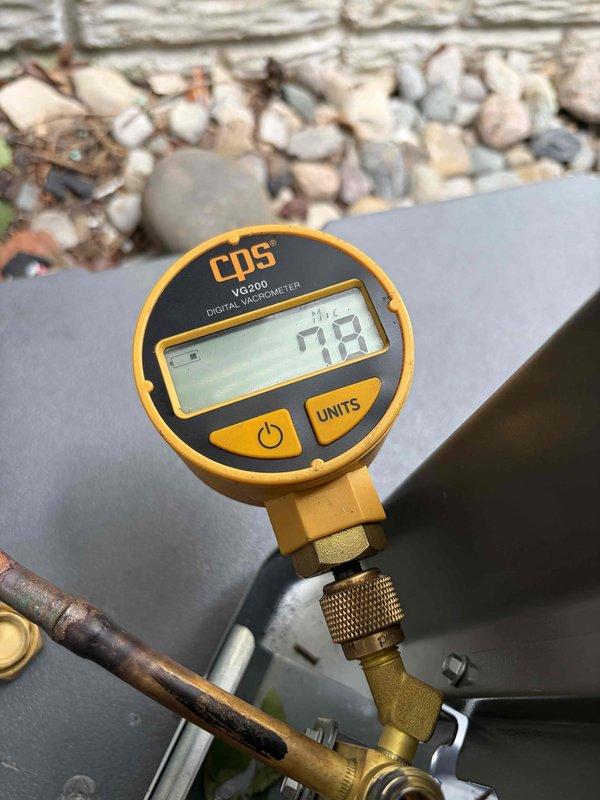 Completed installation of 2.5-ton air conditioning system with evaporator coil at rear yard location. Performed mechanical and electrical connections, executed system evacuation to proper vacuum levels as verified by digital gauge, and reconnected all refrigerant lines. System tested and operational with all components functioning within manufacturer specifications.