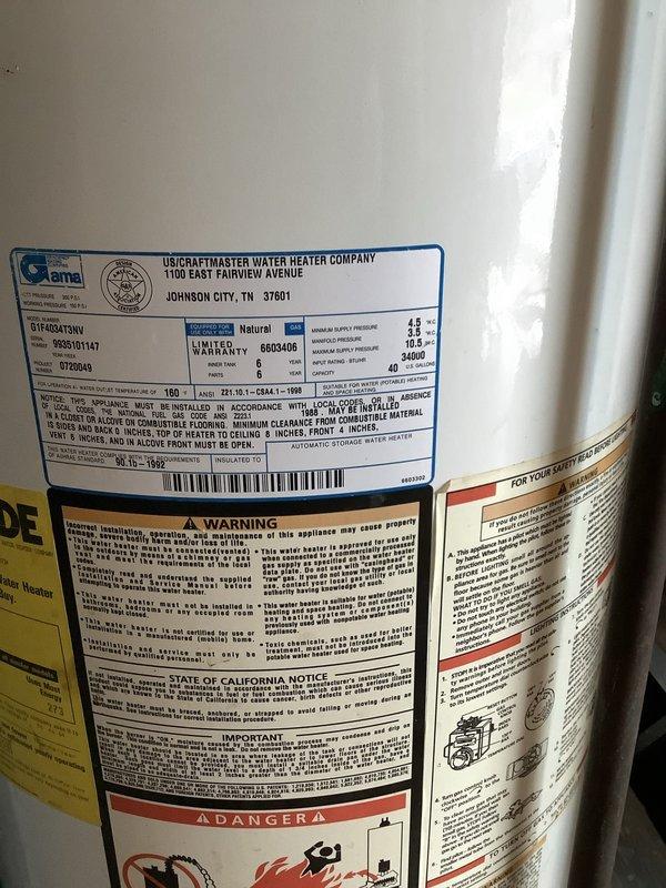 Completed routine preventive maintenance inspection on residential HVAC system and water heater under club membership agreement. Documented equipment specifications including Goodman furnace model ML19DF0707X64BB-53 and US Craftmaster water heater with 6-year limited warranty, verified all manufacturer labels and technical data plates were legible and intact, and captured photographic documentation of equipment condition for service records.