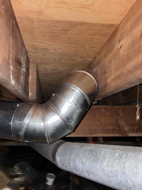Installed new supply duct run in crawl space utilizing galvanized metal ductwork with proper elbow fittings to redirect airflow as needed. Insulated ductwork was secured and sealed with reflective foil tape at all seams and connections to ensure optimal system efficiency and prevent air leakage.