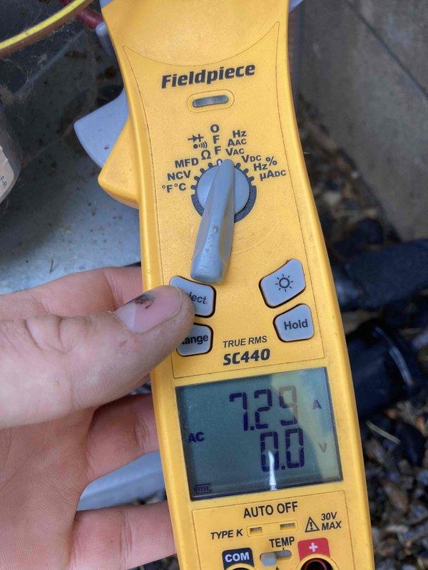Completed preventive maintenance agreement visit on air conditioning system. Performed comprehensive inspection of electrical components and control wiring, verifying all connections were secure and properly terminated at the control board. Measured and recorded system amperage at 7.29 amps, confirming equipment is operating within normal parameters for the unit specifications.