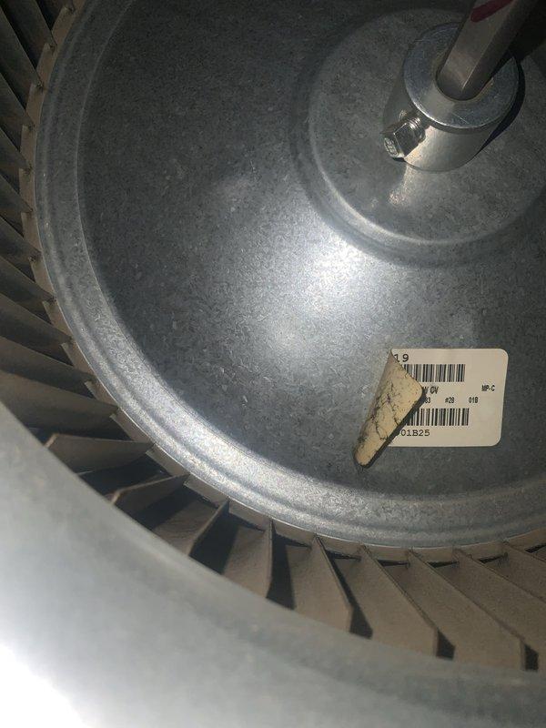 Responded to no cooling complaint on 10+ year old AC system. Customer reported unit blowing warm air and mentioned attempting to repair a refrigerant leak himself. Upon inspection, accessed blower assembly and motor housing to assess system condition and verify proper airflow operation. Documented equipment condition with photos showing blower motor assembly, fan blade configuration, and component labeling for service records. Evaluated system for refrigerant leak evidence and proper mechanical operation of cooling components.