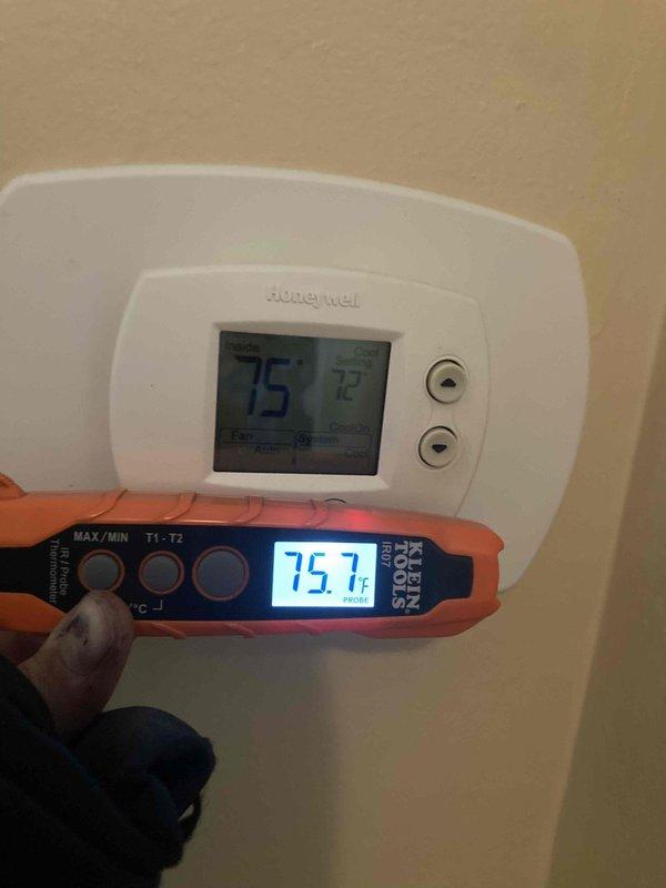 Responded to service call for non-operational AC system on units 4-6 under maintenance agreement. Performed diagnostic assessment using calibrated digital temperature measurement equipment to verify thermostat accuracy and system performance. Thermostat displayed 75°F, confirmed with handheld Klein Tools temperature meter reading 75.7°F, indicating proper sensor calibration. Conducted electrical diagnostics on outdoor condensing unit using Fieldpiece SC440 clamp meter, measuring voltage and amperage at compressor connections. Recorded 345V reading during testing to assess power supply and component operation. Inspected wiring connections and electrical components for proper function. System evaluated and measurements documented for maintenance records.