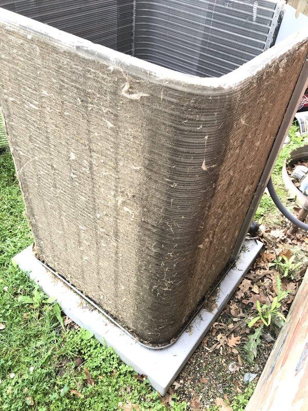 Completed callback maintenance visit on outdoor air conditioning condenser unit. Upon arrival, found unit heavily soiled with accumulated dirt, grime, and debris on exterior panels and coil surfaces from prolonged outdoor exposure. Performed thorough cleaning of condenser coils and exterior surfaces to restore proper airflow and heat transfer efficiency. Unit now operational with improved performance following maintenance completion.