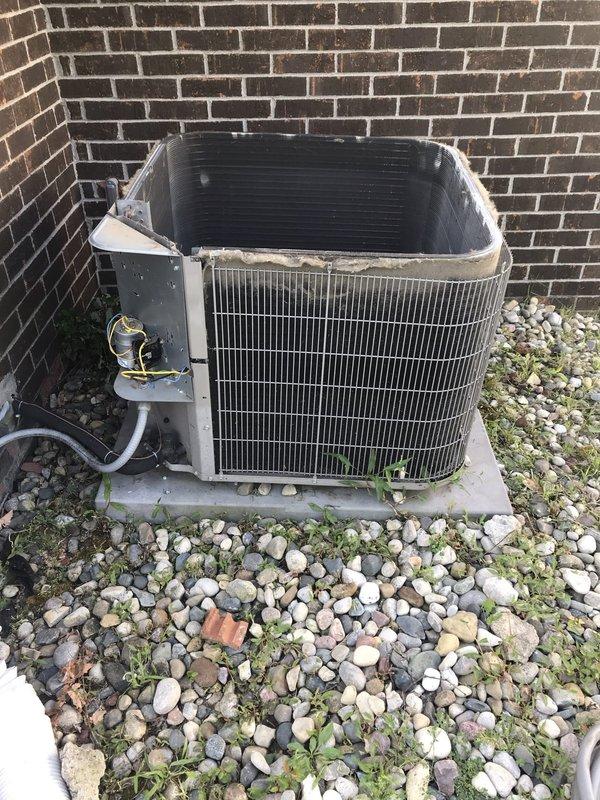 Responded to no-cool call on 9-year-old central air conditioning system. Upon arrival, found accidental damage to electrical wiring connecting outdoor condenser unit to main power supply. Inspected cut wiring at exterior unit location and verified extent of damage to conductor insulation and copper strands. De-energized system at disconnect and assessed wire gauge and connection points. Repaired damaged section of electrical wiring using approved splicing methods and weatherproof connectors rated for outdoor HVAC applications. Verified proper wire sizing and secure terminations at both unit disconnect and condenser connection point. Restored power to system and tested unit operation. Confirmed compressor startup, verified proper amperage draw, and ensured condenser fan motor engaged correctly. System returned to normal cooling operation with no fault codes present.