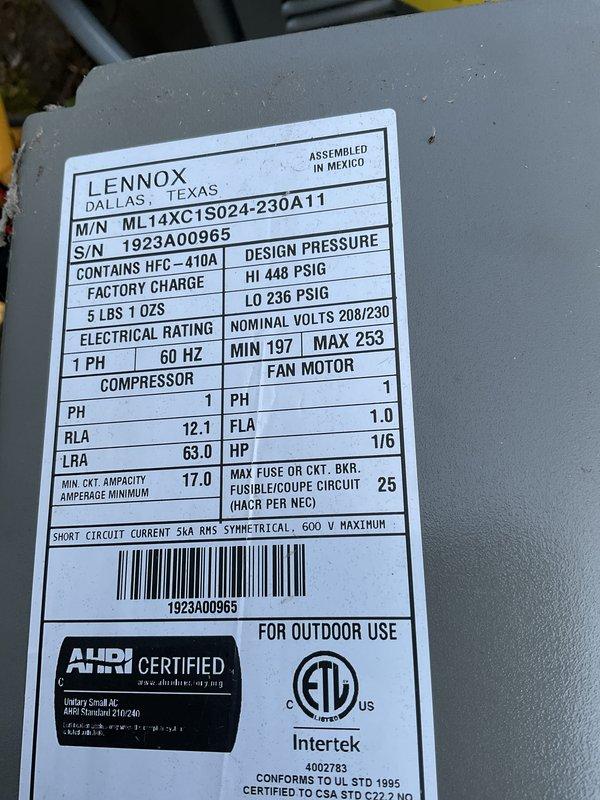Completed annual preventative maintenance and tune-up on a three-year-old Lennox ML14XC1S024-230A11 air conditioning system. Performed comprehensive inspection of outdoor condensing unit, verified HFC-410A refrigerant charge at factory specification of 5 lbs 1 oz, checked electrical components within acceptable voltage range (197-253V at 208/230V nominal), and confirmed compressor and fan motor operation with proper amperage draws. Unit operating efficiently with no deficiencies noted; system ready for cooling season.