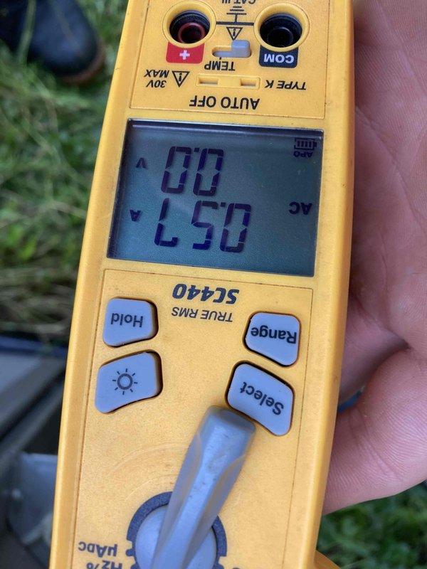 Responded to scheduled AC maintenance agreement visit. Attempted customer contact prior to arrival with no answer. Performed system diagnostics and electrical measurements using digital multimeter, recording voltage readings of 43.3V and 250V AC to verify proper electrical supply and component operation. Documented equipment conditions with photos for service records.