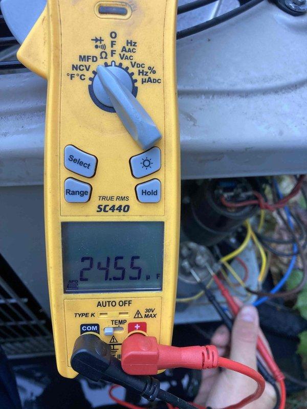 Completed scheduled cooling system tune-up and preventive maintenance on properly functioning HVAC unit. Performed comprehensive system diagnostics using digital multimeter to verify proper voltage readings at 24.55V, confirming control circuit integrity. Conducted standard maintenance inspection of all system components, connections, and wiring to ensure optimal performance heading into cooling season.