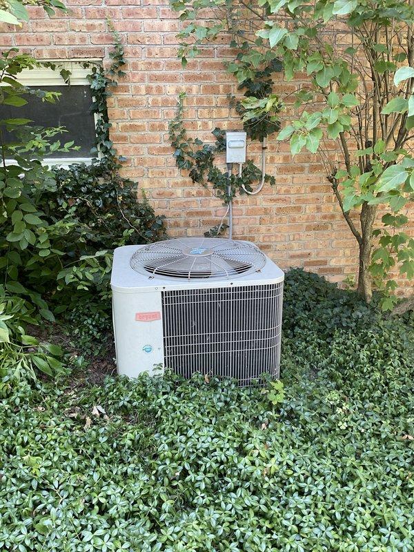 Conducted equipment evaluation for non-operational Bryant air conditioning condenser unit aged 8-10 years located at exterior brick wall installation. Assessed existing electrical service including circuit breaker panel configuration and outdoor disconnect box, documented equipment condition and surrounding landscape considerations including dense ground cover and climbing vegetation requiring clearance attention. Provided comprehensive replacement estimate for complete system upgrade.