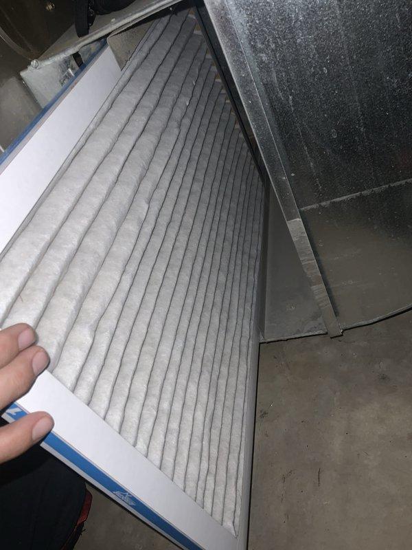 Responded to no cooling call on 20-year-old central air conditioning system. Customer reported air handler blowing room temperature air with outdoor condenser fan running but no cooling output. Upon arrival, performed system diagnostics and found blower motor operational and air filter moderately loaded with dust and debris. Inspected indoor air handler components including blower assembly and motor shaft, which showed normal wear consistent with age. Outdoor unit condenser fan confirmed running, indicating potential refrigerant system issue or compressor failure. Given the advanced age of the system at 20 years—well beyond typical 10-15 year equipment lifespan—recommended full system evaluation including refrigerant pressure testing, compressor amperage draw analysis, and capacitor testing to determine root cause of cooling failure. Documented equipment condition through photographic evidence of blower assembly and air filtration system for customer records.
