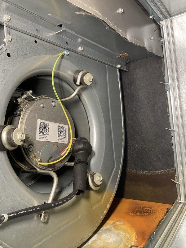 Completed scheduled club membership maintenance visit for residential HVAC system. Performed comprehensive inspection of air handler unit including blower motor assembly, electrical connections, and internal components. Noted rust staining on interior metal surfaces indicating previous moisture exposure. Inspected mechanical room housing furnace/air handler, water heater, and associated plumbing infrastructure. All electrical connections and wiring verified secure, including motor leads and control wiring. System operational at time of service completion.