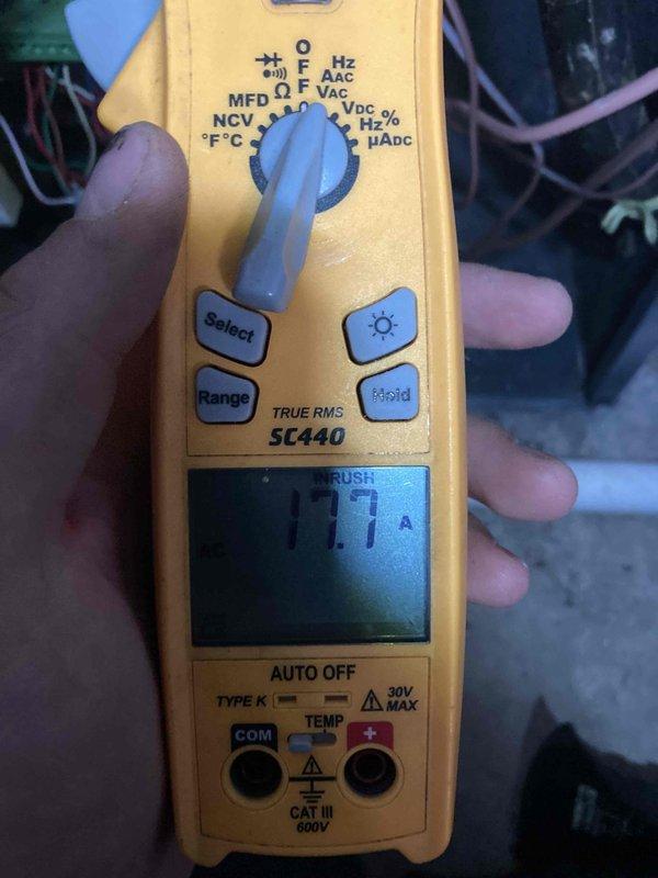 Completed preventive maintenance tune-up on HVAC system. Performed electrical diagnostics using digital multimeter, verifying amperage draw at 27.17A and measuring inrush current at 1.7A to confirm proper compressor operation and electrical performance. All system parameters tested within manufacturer specifications, ensuring optimal efficiency and reliability for continued operation.