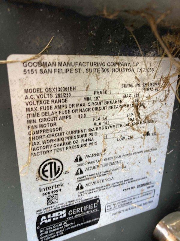 Completed preventive maintenance tune-up on a 6-year-old Goodman air conditioning system, model G5X130361EH. Performed comprehensive inspection of all system components, verified proper airflow through return grille, confirmed unit nameplate specifications including 208/230V electrical requirements and refrigerant pressures within normal operating parameters. System operating efficiently with no deficiencies noted; all components functioning as designed.