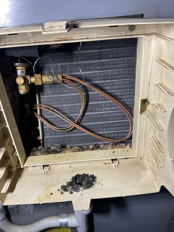 Completed prepaid air conditioner tune-up maintenance on residential AC system. Performed comprehensive inspection of outdoor condensing unit, including examination of condenser coil, refrigerant lines, and associated components. Observed accumulated dirt and debris in drip pan and on interior surfaces; cleaned accessible areas to improve operational efficiency. Inspected copper refrigerant lines, brass fittings, valves, and sight glass assembly for proper condition and connections. Verified drainage system components including PVC P-trap configuration. Unit operational at time of departure with no immediate service concerns identified. Recommend continued annual maintenance to prevent future issues.