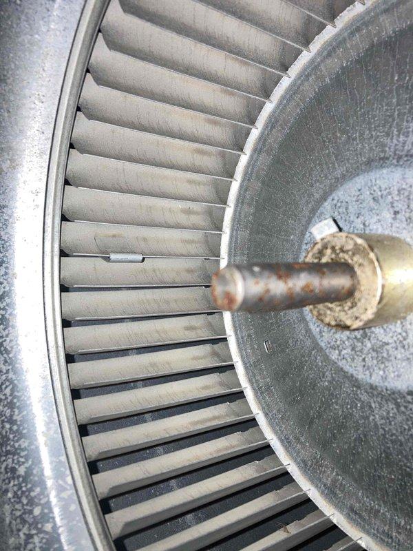 Completed prepaid air conditioning tune-up and system maintenance on residential AC unit. Performed comprehensive inspection of evaporator coil assembly, blower wheel, and refrigerant lines. Blower wheel showed moderate dust and debris accumulation on blades with oxidation present on central shaft assembly. Inspected evaporator coil and heat exchanger components, noting normal condensation on surfaces. Verified proper operation of brass valve assembly and copper refrigerant lines. Checked condensate drain system including PVC drainage lines secured with appropriate fasteners. All components functioning within normal parameters with no immediate repairs required at time of service.