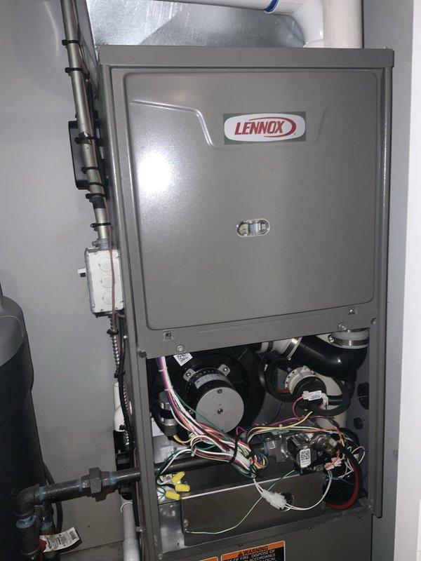 Completed scheduled CLUB AC 8-12 preventive maintenance agreement visit on Lennox furnace system. Performed comprehensive inspection of unit including internal components, blower motors, electrical connections, and wiring harnesses. Installed new 20x25x4 air filter to maintain proper airflow and system efficiency. Verified all safety controls, gas connections, and PVC venting/condensate drainage systems are functioning properly with no visible signs of wear or damage.