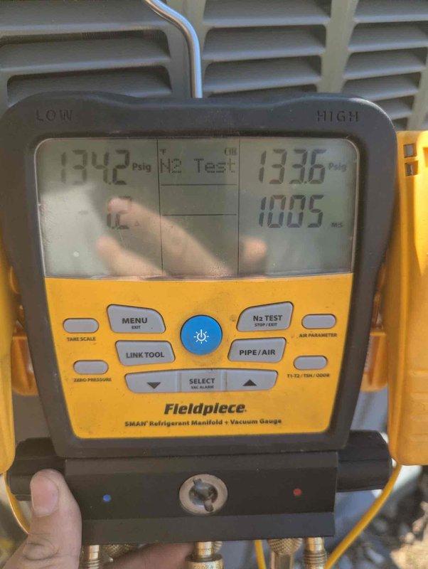 Completed installation of new air conditioning system and evaporator coil on existing furnace system. Performed nitrogen pressure test at 1342 psig to verify system integrity and ensure no leaks in refrigerant lines. System tested and operational upon completion of installation.