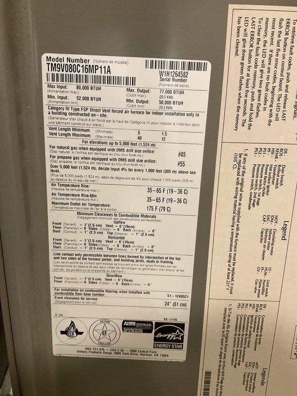Completed scheduled CLUB AC 8-12 preventive maintenance agreement visit on Trane TM9V080C16MP11A furnace system with 80,000 BTU maximum input capacity. Performed comprehensive system inspection including visual examination of unit specifications, gas connections, and associated plumbing infrastructure with red-handled shutoff valve. Documented equipment nameplate data, verified ENERGY STAR certification status, and photographed existing piping showing age-related corrosion and mineral deposits on water supply lines for maintenance records.