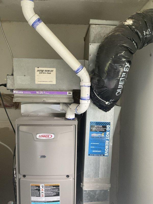 Provided estimate for air conditioning system installation at property with recently installed furnace. Evaluated existing electrical panel capacity, ductwork configuration, and mechanical room layout to determine appropriate AC unit sizing and installation requirements. Documented current HVAC setup including Lennox furnace, filter housing, PVC condensate piping, and flexible ductwork to develop comprehensive replacement proposal for complete cooling system integration.