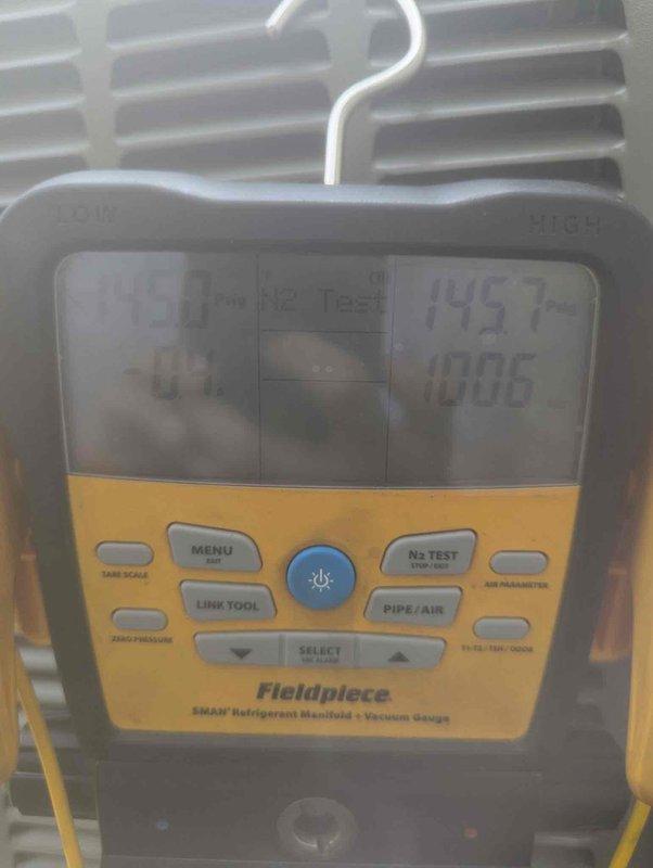 Completed installation of 4-ton air conditioning unit and evaporator coil in right side yard location. System was fully commissioned with refrigerant manifold testing, vacuum procedures performed to manufacturer specifications, and all electrical and mechanical connections verified. Final pressure testing confirmed proper system operation and refrigerant charge levels within acceptable parameters.