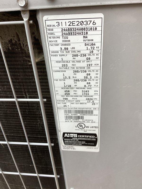 # HVAC Service Report

Responded to no-cool call on 10+ year old system with air handler failure and odor from furnace. Upon inspection, utilized borescope camera to investigate interior components and ductwork for potential blockages, debris, or biological growth that could cause malfunction and odor. Documented unit specifications showing R410A refrigerant system rated for 208-230V AC operation. Performed diagnostic inspection of condenser coil, verified unit serial number 3112E20376, and assessed overall system condition to determine root cause of air handler failure and furnace odor complaint.