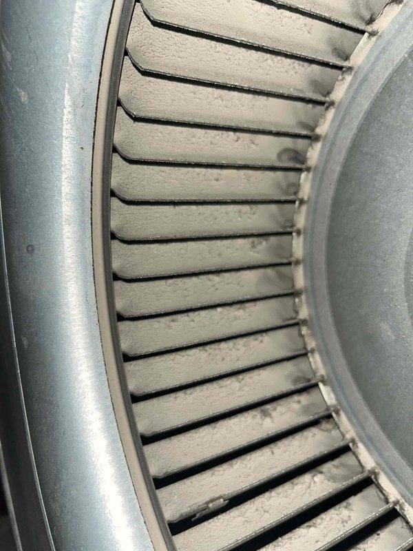 Completed preventive maintenance tune-up on HVAC system under service agreement PTU BOGO8-1279. Inspected blower assembly and evaporator coil, documenting significant dust and debris accumulation on squirrel cage blower wheel and coil fins that can restrict airflow and reduce system efficiency. Photographed conditions for service records showing normal wear patterns consistent with extended operation between maintenance intervals.