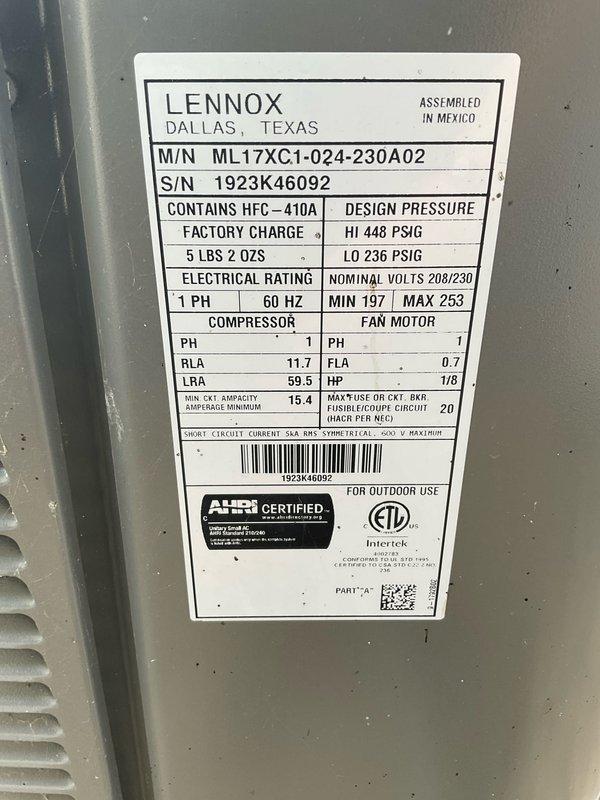 Completed preventive maintenance agreement visit on Lennox ML17XC1-024-230A02 air conditioning unit, serial number 1923K46092. Performed comprehensive inspection of condenser unit including visual assessment of exterior cabinet condition, verification of nameplate specifications, and documentation of equipment age and wear patterns. Unit specifications confirmed as 2-ton capacity operating on HFC-410A refrigerant with factory charge of 5 lbs 2 oz, single-phase 60Hz electrical service rated 197-253V. All system components inspected and photographed for maintenance records per club membership agreement terms.