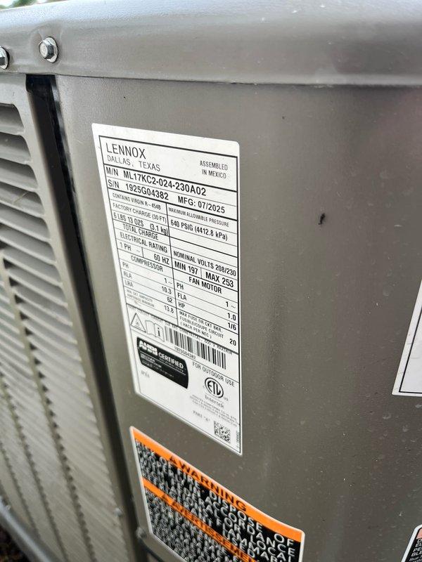 Completed preventive maintenance agreement visit on Lennox ML11XC2-024-230A02 split system air conditioning unit. Performed comprehensive system inspection including electrical measurements with multimeter, recording 512 reading during diagnostic testing. Verified unit specifications, confirmed proper operation of all components, and documented equipment condition through photographic records per Club AC8-12 maintenance protocol.