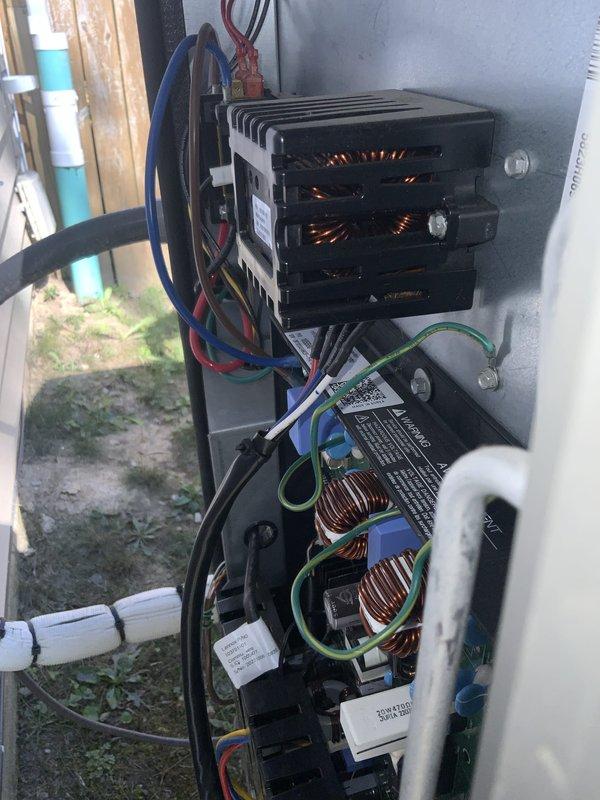 Responded to report of active water leak at furnace location with heating and cooling system still operational. Upon inspection, confirmed condensate pump failure preventing proper drainage from two-year-old furnace unit in basement. Examined evaporator coil assembly and condensate overflow safety switch, which appeared to be functioning correctly. Verified refrigerant lines and A-frame coil configuration showed no visible damage or leaks. Inspected electrical control components and circuit board for any related issues that could affect condensate removal system. Documented system conditions with photos showing evaporator coil assembly with safety switch and control panel components in operational condition. Pump replacement required to restore proper condensate drainage and prevent water accumulation in furnace area.