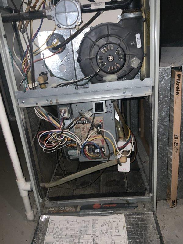 Completed scheduled AC tune-up and system inspection during early morning appointment. Performed comprehensive maintenance on air conditioning system including inspection of blower motor assembly, gas valve connections, electrical wiring, and control board functionality. Removed furnace access panel to access interior components, verified proper operation of blower wheel and motor housing, inspected drain pan for debris accumulation and proper drainage, and examined all electrical connections throughout upper and lower compartments. Documented system condition through photographs showing blower assembly, drain pan with identification label, control board wiring, and overall unit configuration. All components found operational with typical dust accumulation for system age, no immediate repairs required at this time.