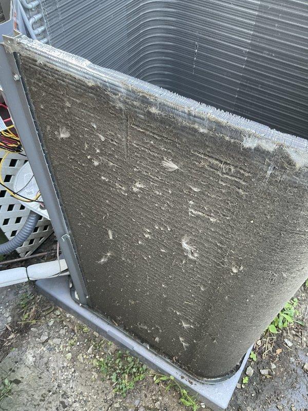 Completed scheduled prepaid AC tune-up maintenance on residential air conditioning system. Upon arrival, found outdoor condensing unit with heavily soiled filter/mesh screen covered in thick accumulation of dirt, dust, and debris. Condenser coils showed relatively clean condition but filter obstruction was significantly restricting airflow. Performed comprehensive inspection of compressor, refrigerant lines, and condenser coil assembly. Noted debris accumulation in drip pan including dried leaves and organic matter. Cleaned filter screen and removed debris from unit base and drip pan. Inspected electrical connections and copper refrigerant lines, which showed normal operational wear and minor oxidation. Verified proper compressor operation and system functionality. Unit returned to optimal operating condition with improved airflow and efficiency.