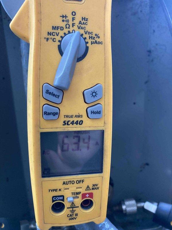 Completed scheduled HVAC club membership maintenance visit for both air conditioning and heating systems. Performed comprehensive system diagnostics using digital multimeter, recording electrical measurements including inrush amperage of 63.4A and operating amperage of 57.5A to verify proper compressor and motor performance. All system parameters found within normal operating ranges, and equipment is functioning as designed.