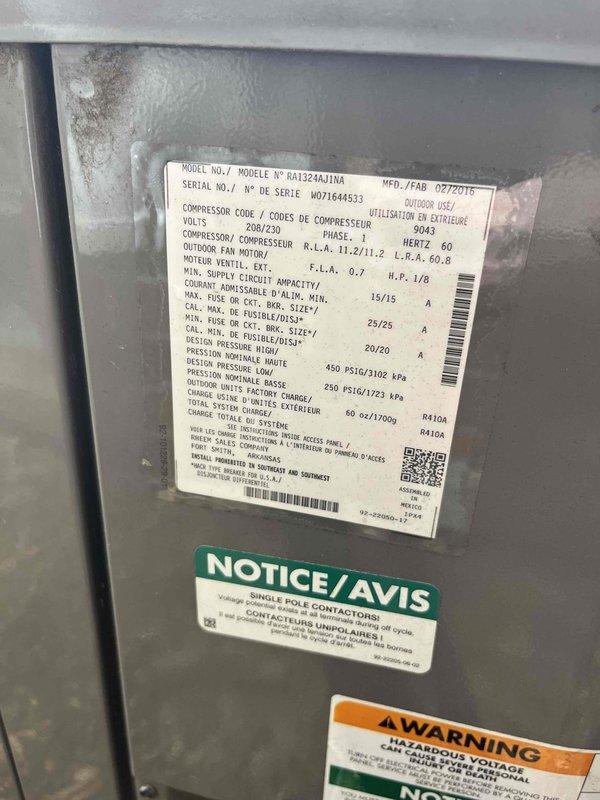 Completed scheduled maintenance agreement visit for club AC8-12 system. Performed comprehensive inspection of HVAC unit model DA1234AJINA, documenting equipment condition with photographs showing manufacturer specification label, serial number data, and safety notices intact. Unit exterior panel showed normal dust and dirt accumulation consistent with operational environment; all technical labels, voltage warnings, and bilingual safety notices remain legible and properly affixed to equipment housing.