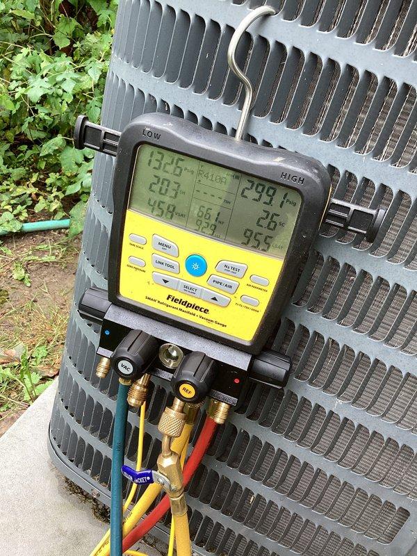 # AC Blowing Warm Air - Unit in Attic

Responded to no cooling complaint on 10+ year old system with unit located in attic. Upon arrival, customer reported AC blowing warm air throughout the home. Performed diagnostic evaluation of outdoor condensing unit using Fieldpiece digital manifold gauge set to assess system pressures and temperatures.

Connected refrigerant hoses to service ports and measured operating pressures on both high and low sides of the system. Recorded superheat and subcooling readings using temperature clamps on refrigerant lines. Diagnostic readings indicated abnormal temperature differential of 299°F on discharge line, suggesting compressor running in high temperature condition. Low side pressure reading of 26 PSI and additional measurements of 283.1, 454, and 86.6 confirmed system operating outside normal parameters.

Analysis of pressure and temperature data revealed likely compressor failure or significant refrigerant loss causing inadequate cooling capacity. Hi