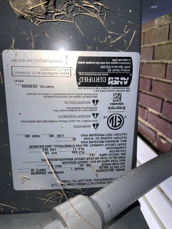Responded to service call for 9-year-old central air conditioning system with outdoor fan running continuously. Upon arrival, performed diagnostic evaluation of outdoor condensing unit and control systems. Inspected unit nameplate and verified manufacturer specifications, electrical ratings, and model information. Examined outdoor fan motor operation, relay contacts, and thermostat wiring connections. Identified control circuit malfunction preventing proper fan cycling. Tested capacitor, contactor, and fan relay operation to isolate cause of continuous fan operation. Repaired faulty control component and restored proper system cycling. Verified unit responds correctly to thermostat calls and outdoor fan shuts off appropriately when cooling cycle completes. System tested and operating within normal parameters.