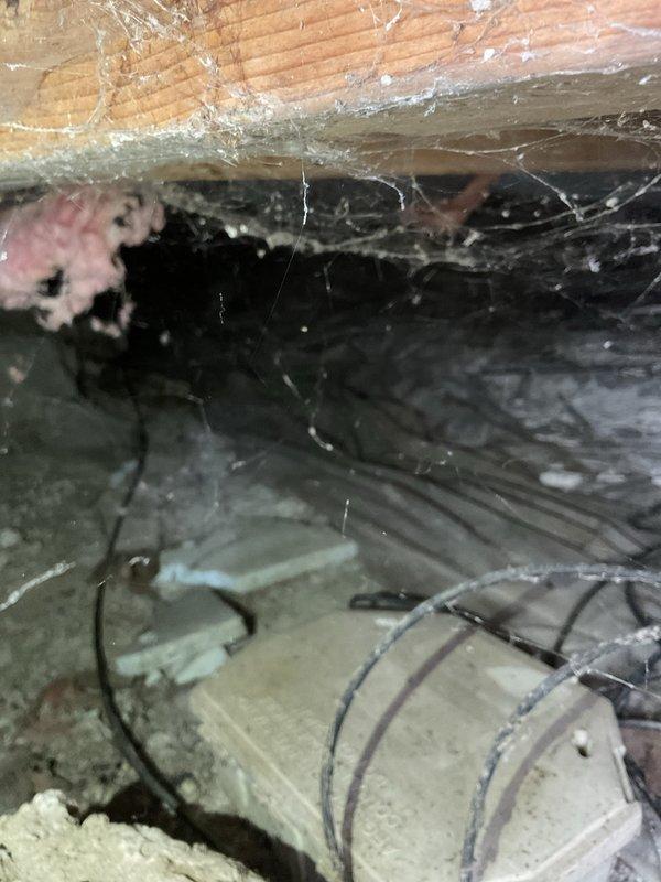 Conducted crawl space inspection to assess HVAC system components and ductwork conditions. Documented existing flexible ductwork installation beneath floor joists, noting accumulation of dust, debris, and cobwebs throughout the area indicating need for system cleaning and potential air quality concerns. Photographed insulation placement and overall crawl space environment to recommend future maintenance and filtration improvements.