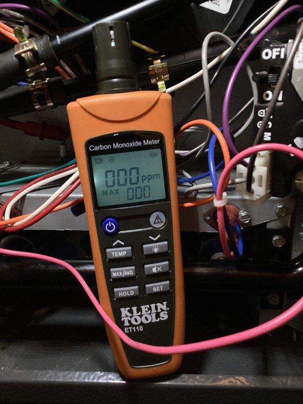 Responded to customer concern regarding thermostat malfunction during Club membership maintenance visit. Performed comprehensive system diagnostics including carbon monoxide testing using calibrated Klein Tools ET110 meter, which confirmed safe levels at 0 ppm throughout the equipment. Conducted electrical current measurements on heating system components using Fieldpiece SC440 clamp meter, recording 2.2 microamps during operational testing to verify proper electrical performance and identify potential thermostat control issues.