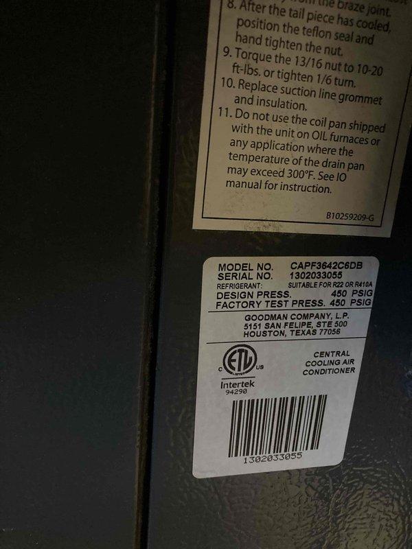 Completed preventive maintenance agreement visit on Goodman model CAPF3642C6DB air conditioning unit per CLUB HEAT 10-2 protocol. Performed standard inspection of evaporator coil assembly and associated components, documented equipment nameplate data and current operating condition with photographic records showing visible weathering and mineral deposits on exterior housing and mechanical components.