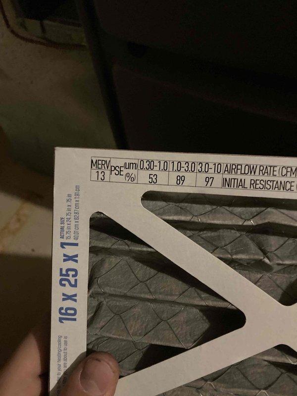 Responded to noise complaint on recently installed HVAC system. Inspected air filter and verified proper installation with correct MERV rating and dimensions (16x25). Measured electrical draw at 0.63 amps and voltage at 0.4 volts using clamp meter to assess compressor and blower motor operation, confirming unit is functioning within normal parameters for the equipment type.