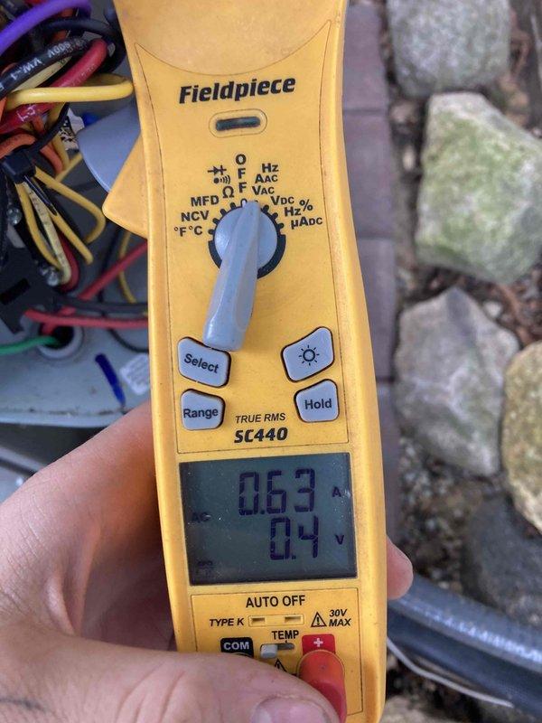 Responded to noise complaint on recently installed HVAC system. Inspected air filter and verified proper installation with correct MERV rating and dimensions (16x25). Measured electrical draw at 0.63 amps and voltage at 0.4 volts using clamp meter to assess compressor and blower motor operation, confirming unit is functioning within normal parameters for the equipment type.