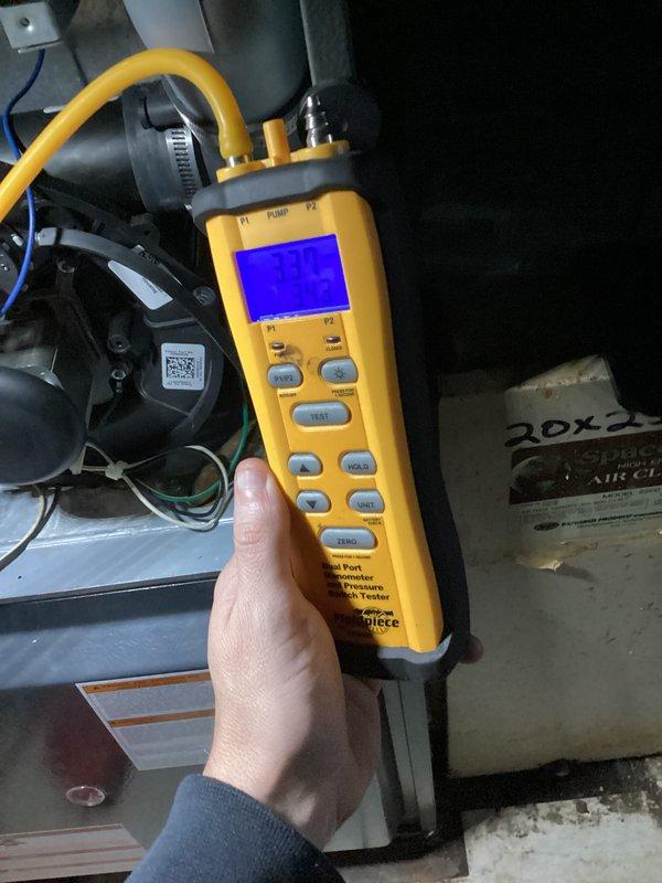 Completed Club Heat 10-2 preventive maintenance agreement visit on air handler and system inspection. Performed comprehensive safety testing including carbon monoxide level verification at equipment, which registered 0 ppm indicating proper combustion and no CO hazards present. Conducted system diagnostics using calibrated test instruments to measure operational parameters and verify equipment performance within manufacturer specifications. Inspected blower motor assembly, electrical connections, and control board wiring for proper operation and secure terminations. Documented all findings with photographic evidence for service records. System operating safely and efficiently with no deficiencies noted at time of inspection.