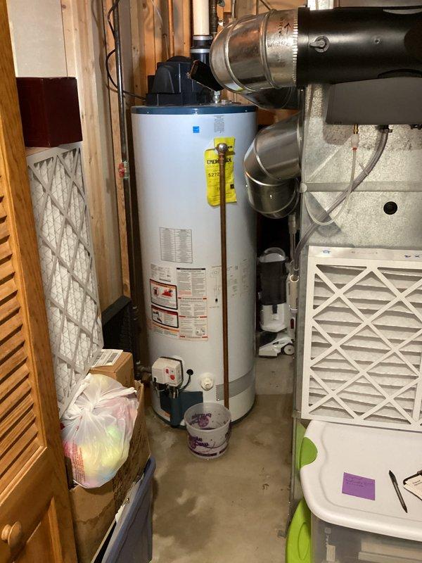 Provided estimate for power vent water heater replacement in basement utility area. Assessed existing installation including power vent system with PVC exhaust piping, evaluated clearances and venting configuration, and documented current equipment specifications for replacement proposal.