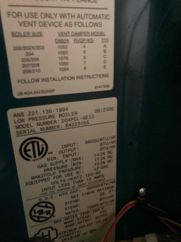 Completed routine heating system maintenance and tune-up on a low-pressure boiler system (Model 204PCL GE12, 96,000 BTU/HR input) located in basement. Performed comprehensive inspection of all system components, including burner assembly, gas controls, venting system with automatic vent damper, and associated piping. Noted significant corrosion and mineral buildup on pipe joints and valve assembly near boiler connections, indicating age-related deterioration that should be monitored for potential future replacement. All copper supply lines and flexible conduit connections inspected and found functional. System operational with no immediate safety concerns reported at time of service.