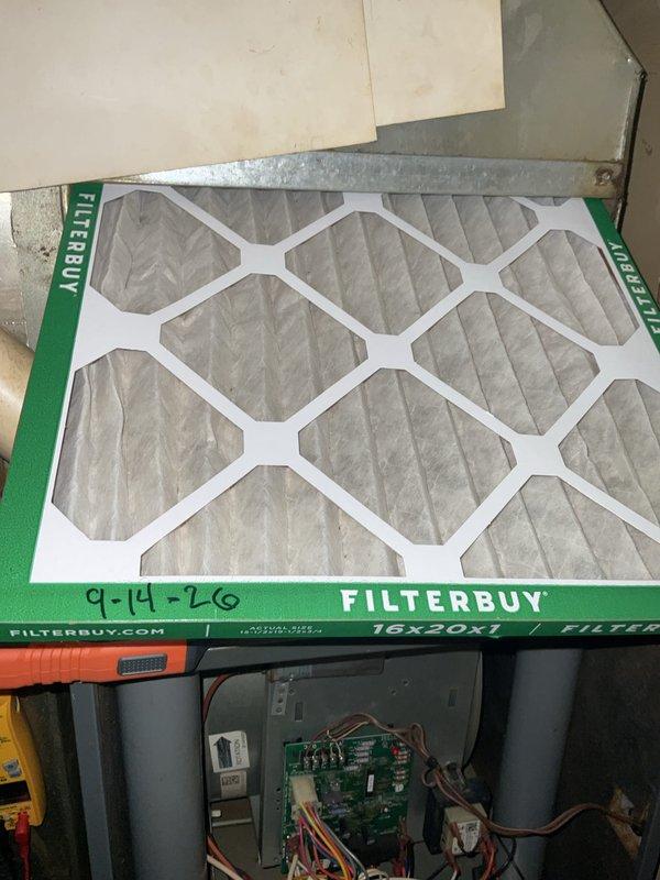 Completed routine preventive maintenance on HVAC air handler and system inspection per club membership agreement. Inspected and documented 16x20x1 FILTERBUY air filter with proper airflow, verified electrical components including capacitor and control board operation, and examined refrigerant lines showing normal condensation patterns. All system components operating within manufacturer specifications with no deficiencies noted.