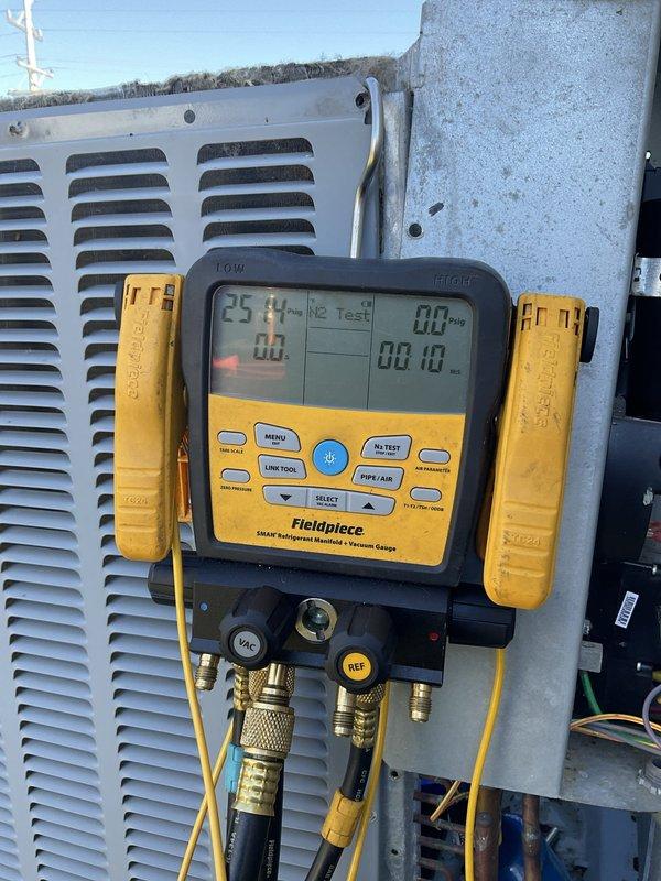 Completed warranty compressor replacement on outdoor condensing unit. Installed new compressor, evacuated system, and recharged with proper refrigerant per manufacturer specifications. Verified system operating pressures and temperatures using calibrated manifold gauges, confirming all readings within normal parameters for proper cooling operation.