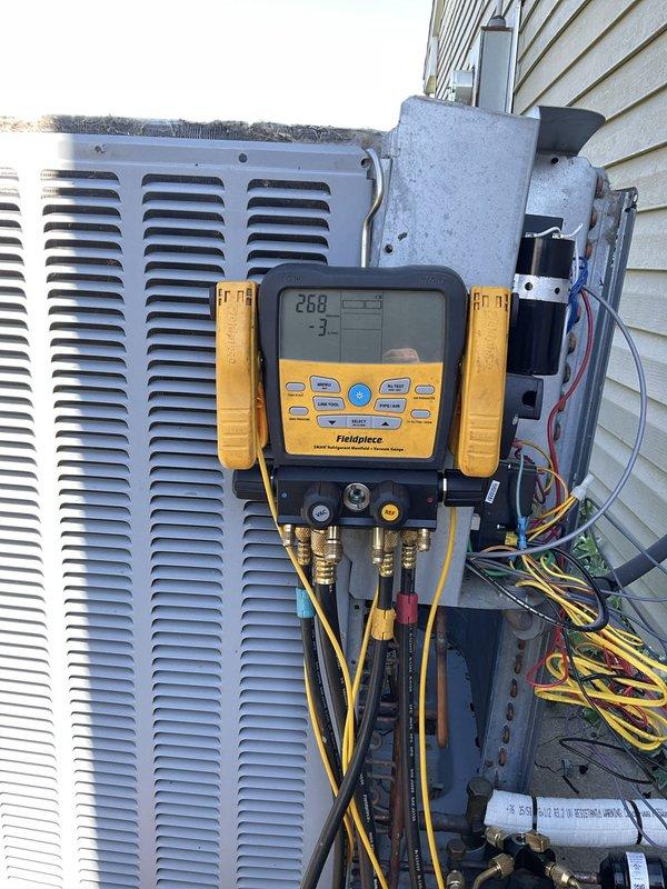 Completed warranty compressor replacement on outdoor condensing unit. Installed new compressor, evacuated system, and recharged with proper refrigerant per manufacturer specifications. Verified system operating pressures and temperatures using calibrated manifold gauges, confirming all readings within normal parameters for proper cooling operation.